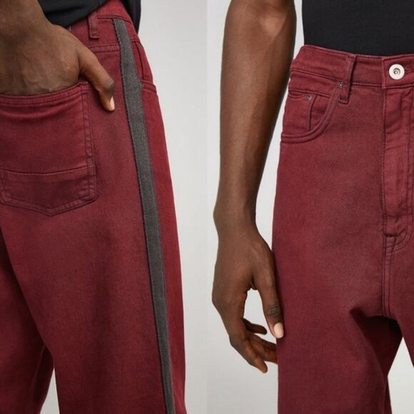 ZARA MAN Burgundy Loose Fit Racer Stripe Cropped Jeans 31x23 Denim Mens NWT - Picture 4 of 8